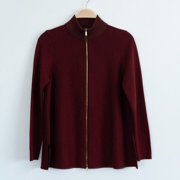 Lafayette 148 New York Women Wool Stand Collar Zip Front Cardigan Small Burgundy